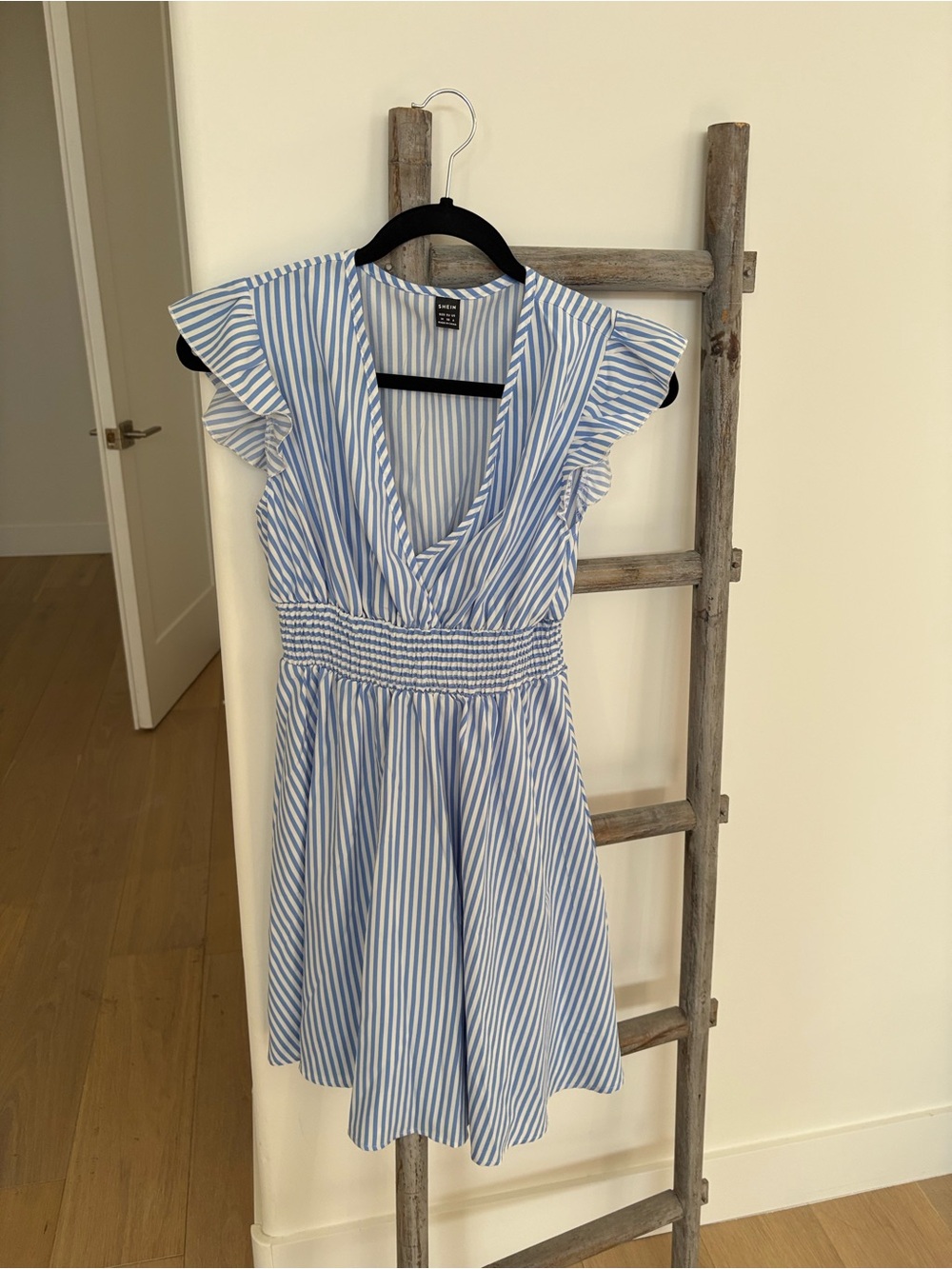 SHEIN Light Blue & White Striped V-Neck Smocked Midi Dress